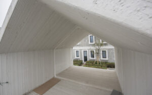 A 3-D printed A-frame house frame.