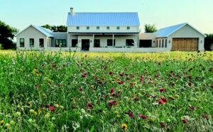 A three-building property stands in a field of red and yellow wildflowers under a blue sky.