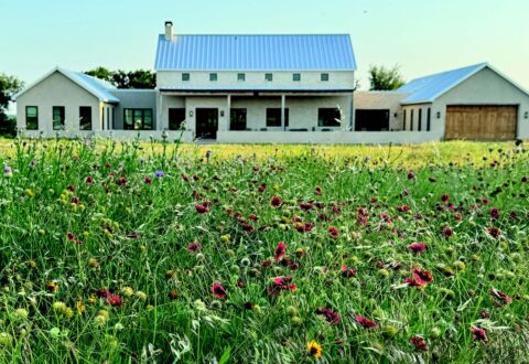 A three-building property stands in a field of red and yellow wildflowers under a blue sky.